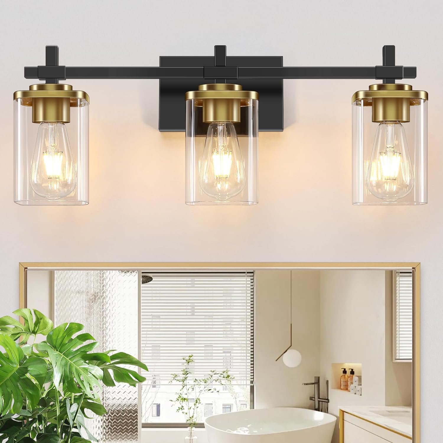 Photo 1 of 3-Lights Black and Gold Bathroom Light Fixtures Over Mirror, Modern Brushed Gold Vanity Lights for Bathroom, Sconces Wall Lighting with Square Glass Shade for Mirror Bedroom Hallway 