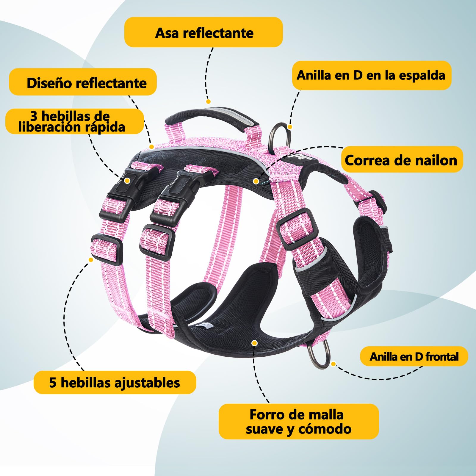 Huntboo Arnes Perro Grande de Servicio con 6 Parches, Arnes Antiescape Perro con Asa, Arnés Antitirones para Perros, Chaleco Reflectante Ajustable, Paseo Y Actividades Al Aire Libre (Rosa,L)