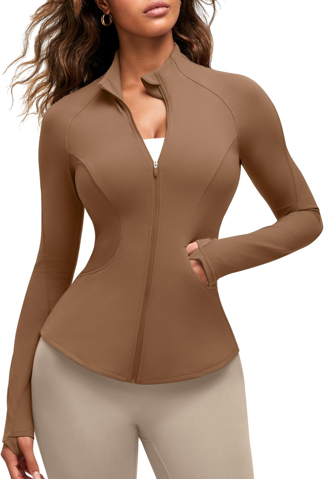 BareFeel Women's Workout Jacket Full Zip Up Slim Hip Length Yoga Athletic Tops with Thumb Holes