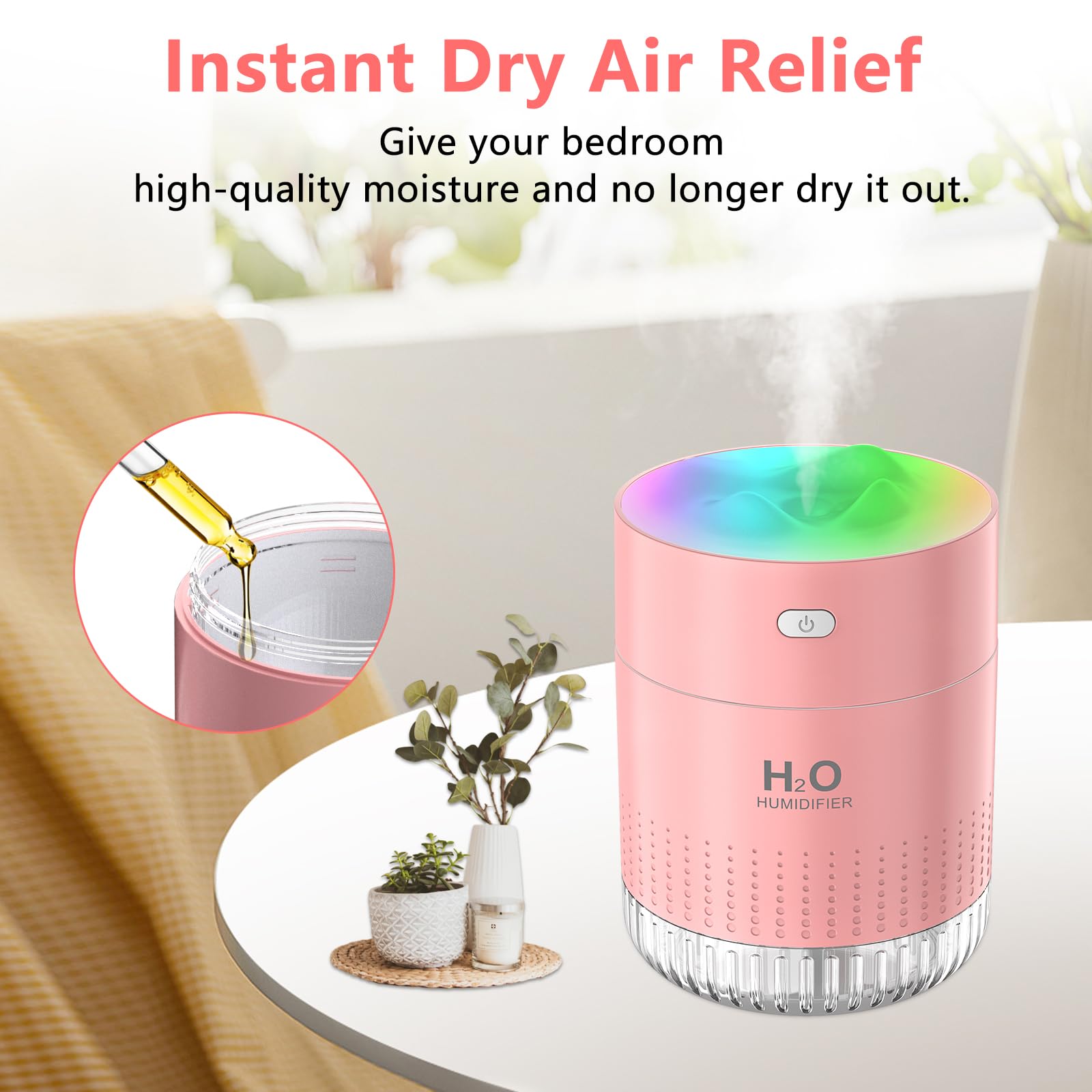 Colorful 260ml Humidifier,USB Power Supply,With 7 Color LED, Air Humidifier,Mini Air Humidifier,Can Add Essential Oil,Suitable For Study Room, Bedroom, Baby Room, Office, Car (White