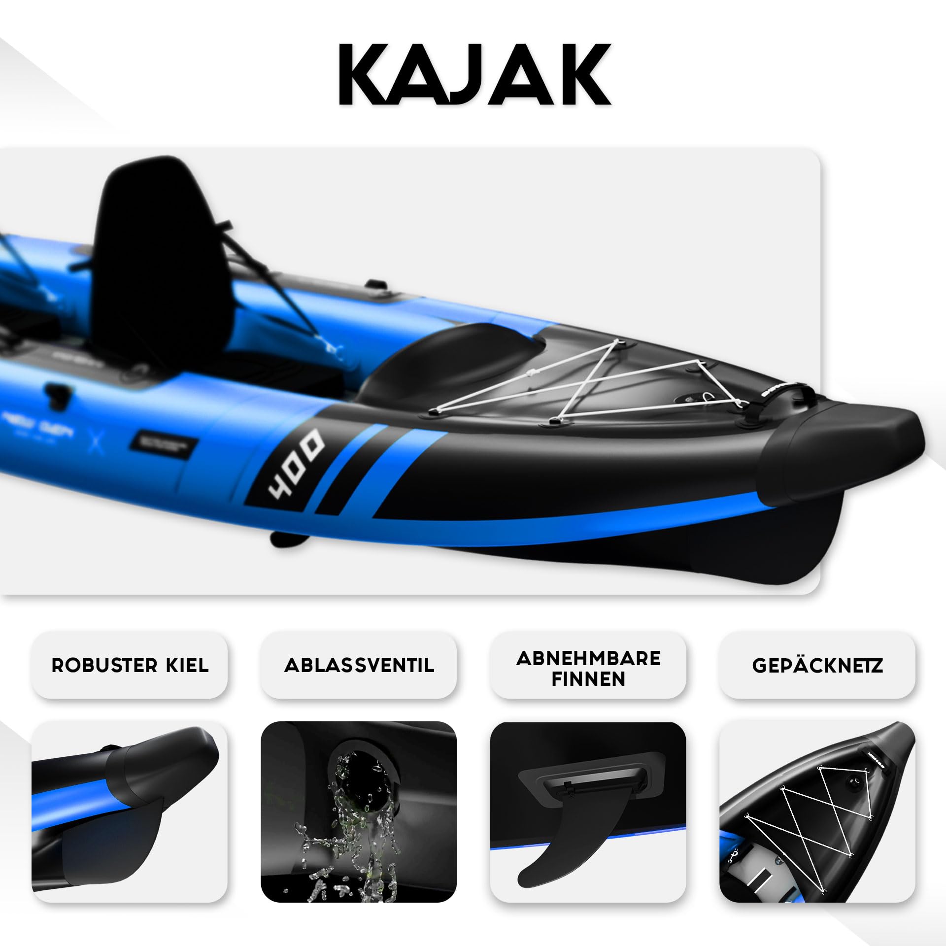 SKINHAWK Prestige Blau Kajak Set 400 – Schlauchboot – Kanu - 400 x 96 cm - 2 Personen Kajak