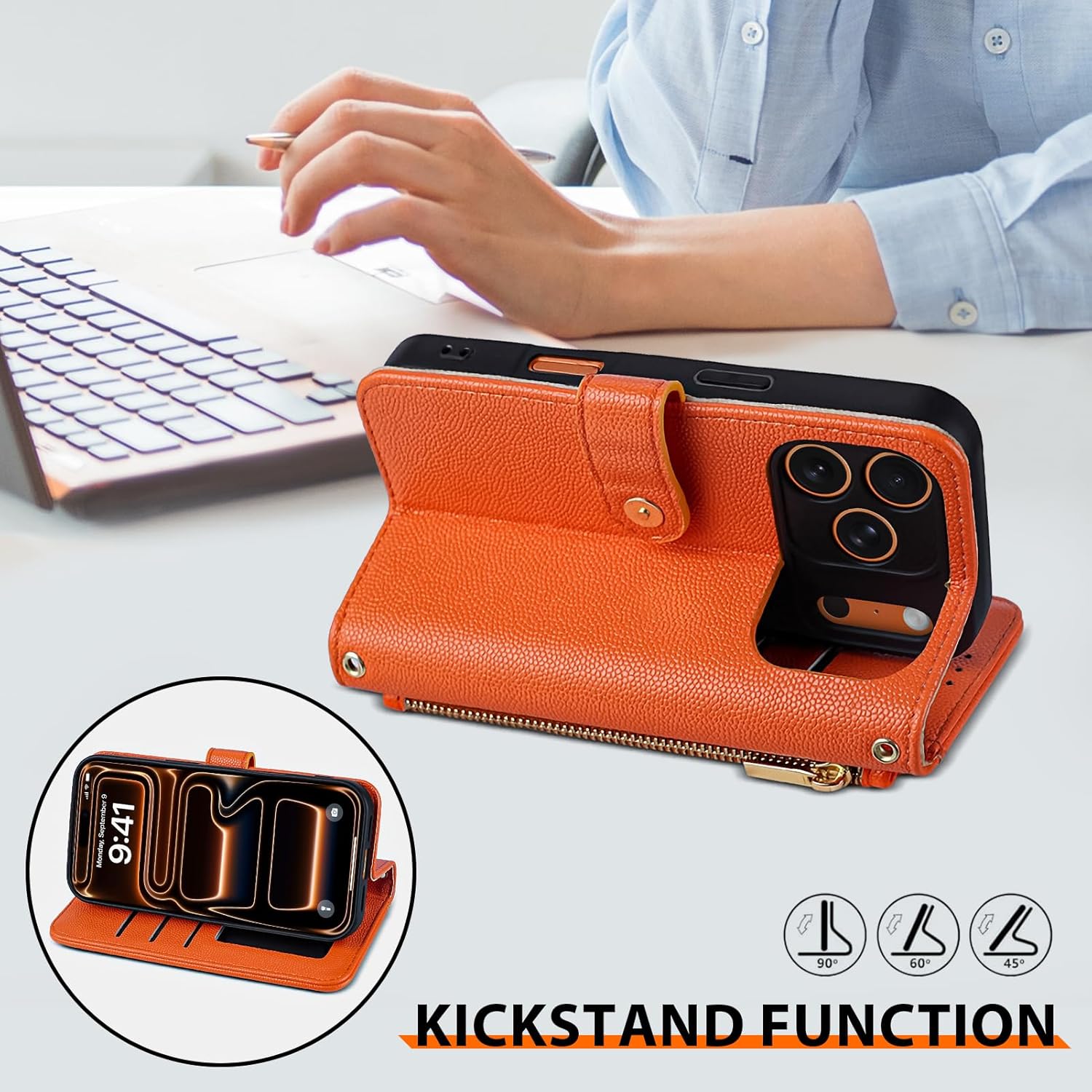 Women Wallet Phone Case Compatible with iPhone 17 Pro Max, PU Leather Phone Case Flip Cover Wrist Strap Zipper Credit Card Holder Slots, Orange.
