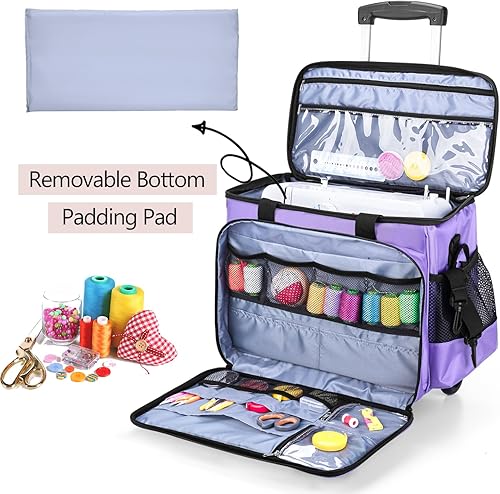 Miniatura 2 de LUXJA Estuche para máquina de coser con plataforma desmontable y almohadilla inferior extraíble, bolsa rodante que se adapta a la mayoría de Morado
