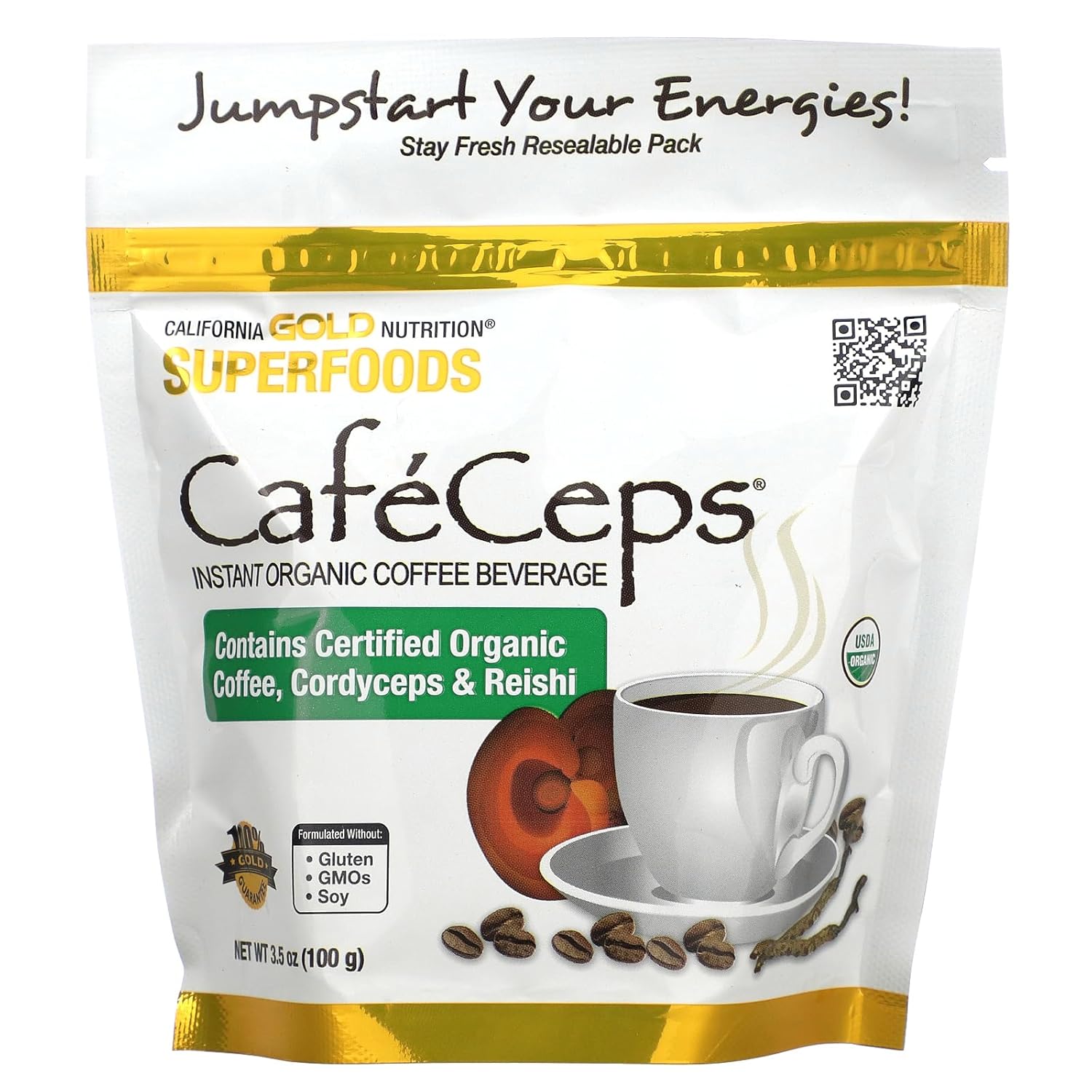 California Gold Nutrition CafeCeps, Certified Organic Instant Coffee with Full-Spectrum, Organic Cordyceps and Reishi Mushroom Powder, 3.5 oz (100 g)