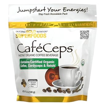 California Gold Nutrition CafeCeps, Certified Organic Instant Coffee with Full-Spectrum, Organic Cordyceps and Reishi Mushroom Powder, 3.5 oz 100 g
