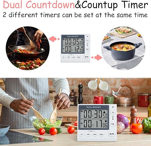 Miniatura 10 de Jayron Temporizador de 2 canales con reloj temporizador de cocina temporizador magnético de cuenta regresiva reloj despertador digital de