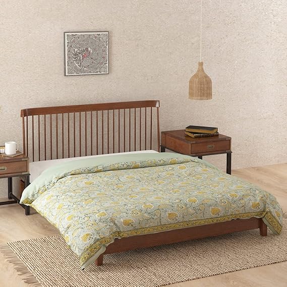 Fabindia Green Ihania Anai Cotton Hand Block Printed Duvet Cover -Double, 180