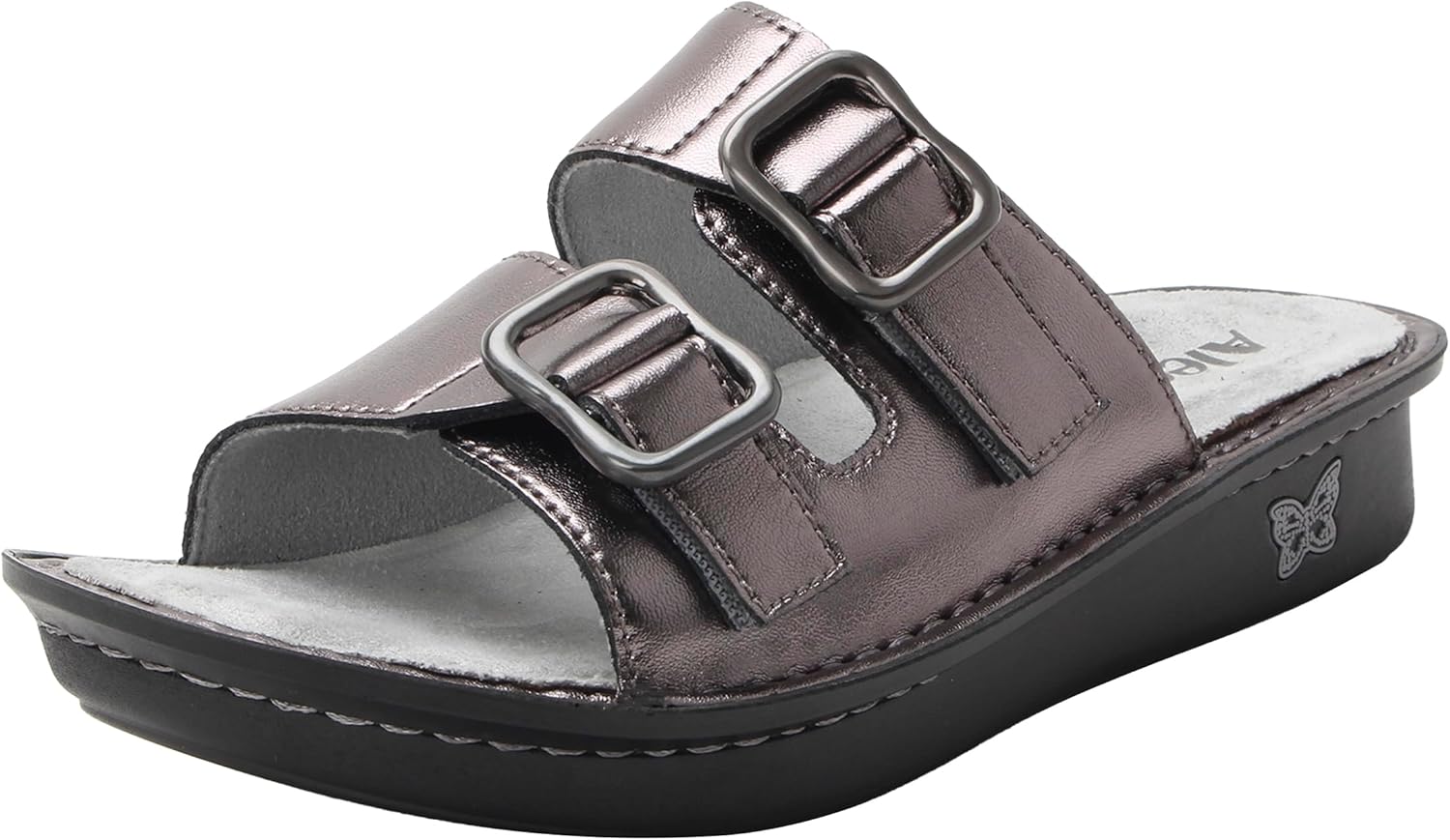 Alegria Women's Verah Leather Double Buckle Straps Slide Sandal