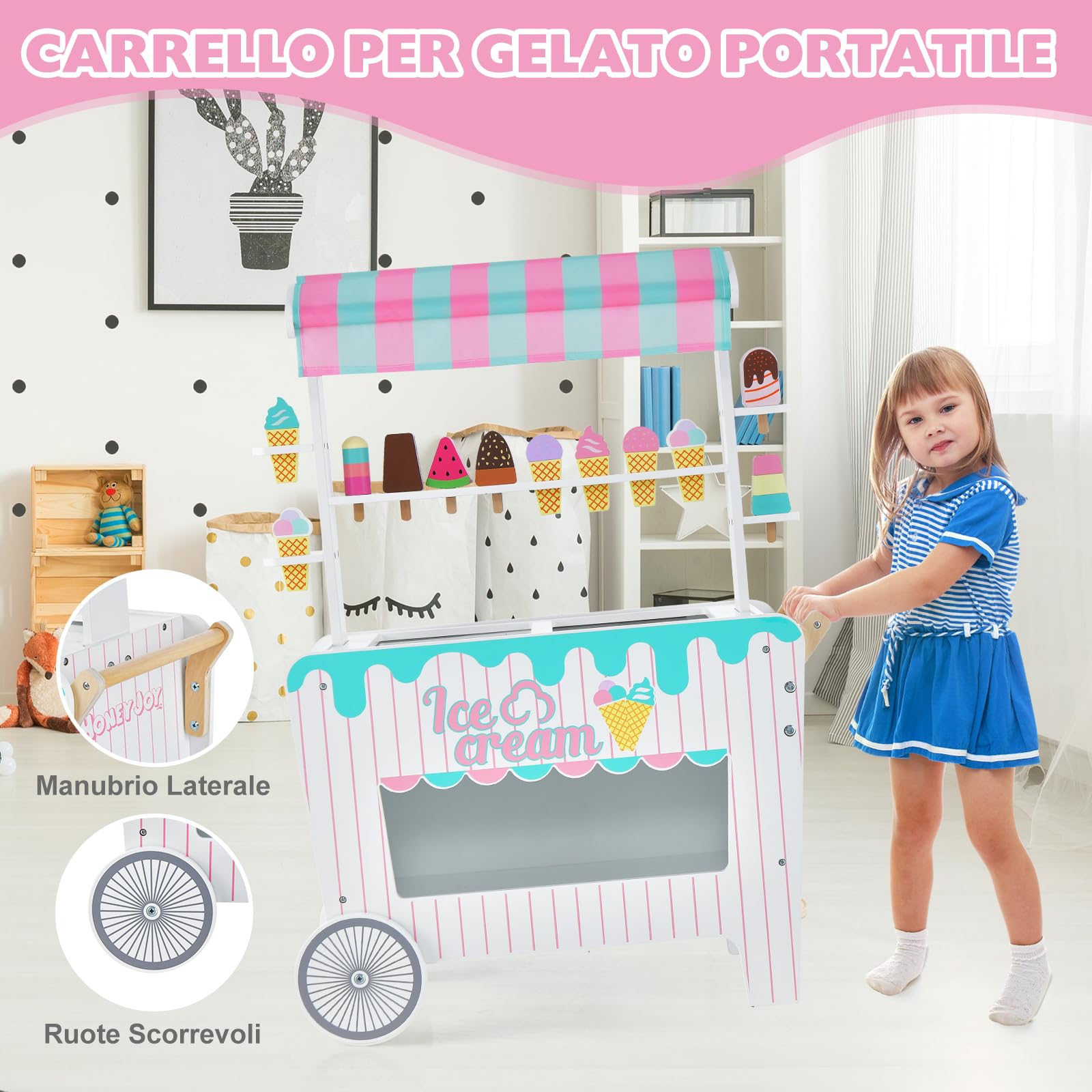 GYMAX Carrello dei Gelati per Bambini con 2 Ruote, Tettuccio Unico, Supporto per Commercianti con Ripiano Espositivo e Scomparto per il Congelatore, Giochi d'imitazione per Bambini 3 Anni+