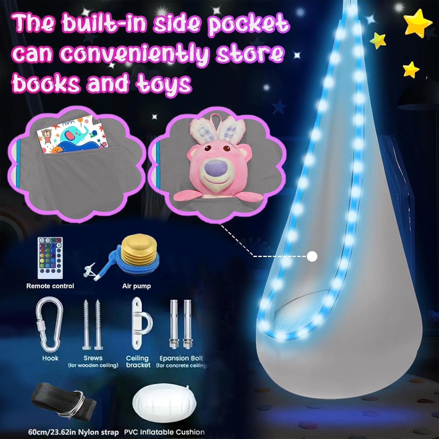 Light Up Swing Chair Hammock Chair Indoor Outdoor for Kids Pod with LED Lights, Soft and Safe, 176 lb. Load Capacity, Easy Installation, Perfect for Bedroom, Garden, and Playroom (Gray)