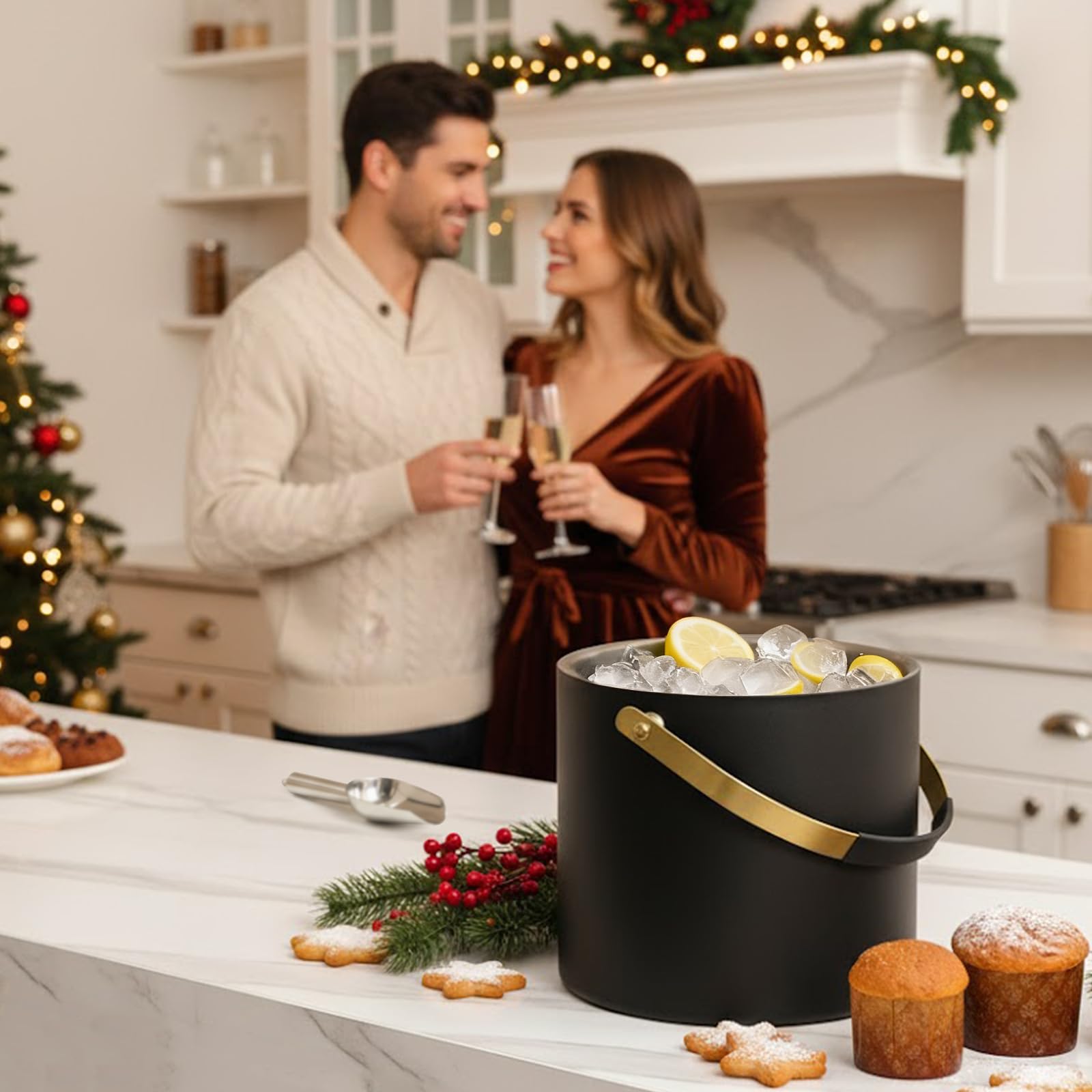 Secchiello per il Ghiaccio da 3,2 L con coperchio in silicone, pinze e colino, a doppia parete in acciaio inox isolato per feste e cocktail bar, mantiene il ghiaccio