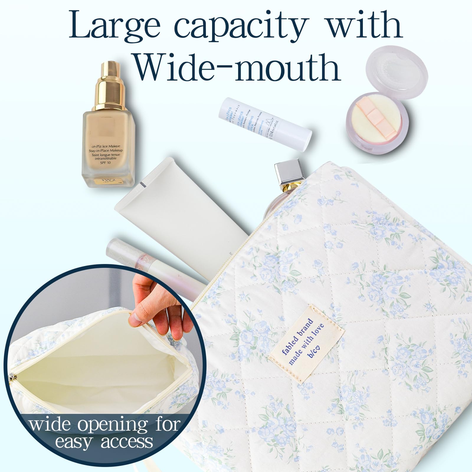 YRWE 3Pcs Quilted Makeup Bag Set, Cute Floral Cotton Cosmetic Bag, Coquette Bow Make up Bag Large Travel Toiletry Bag - Image 3