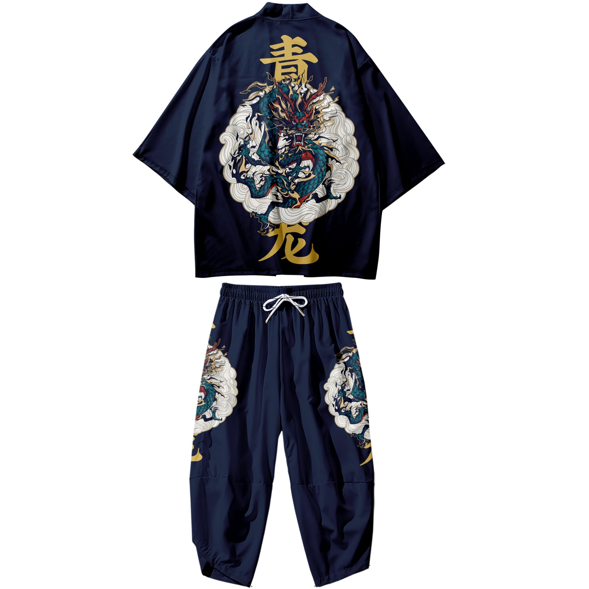 Mens Kimono Set Japanese Kimono Shirt &amp; Shorts 2 Piece Summer Beach Outfits