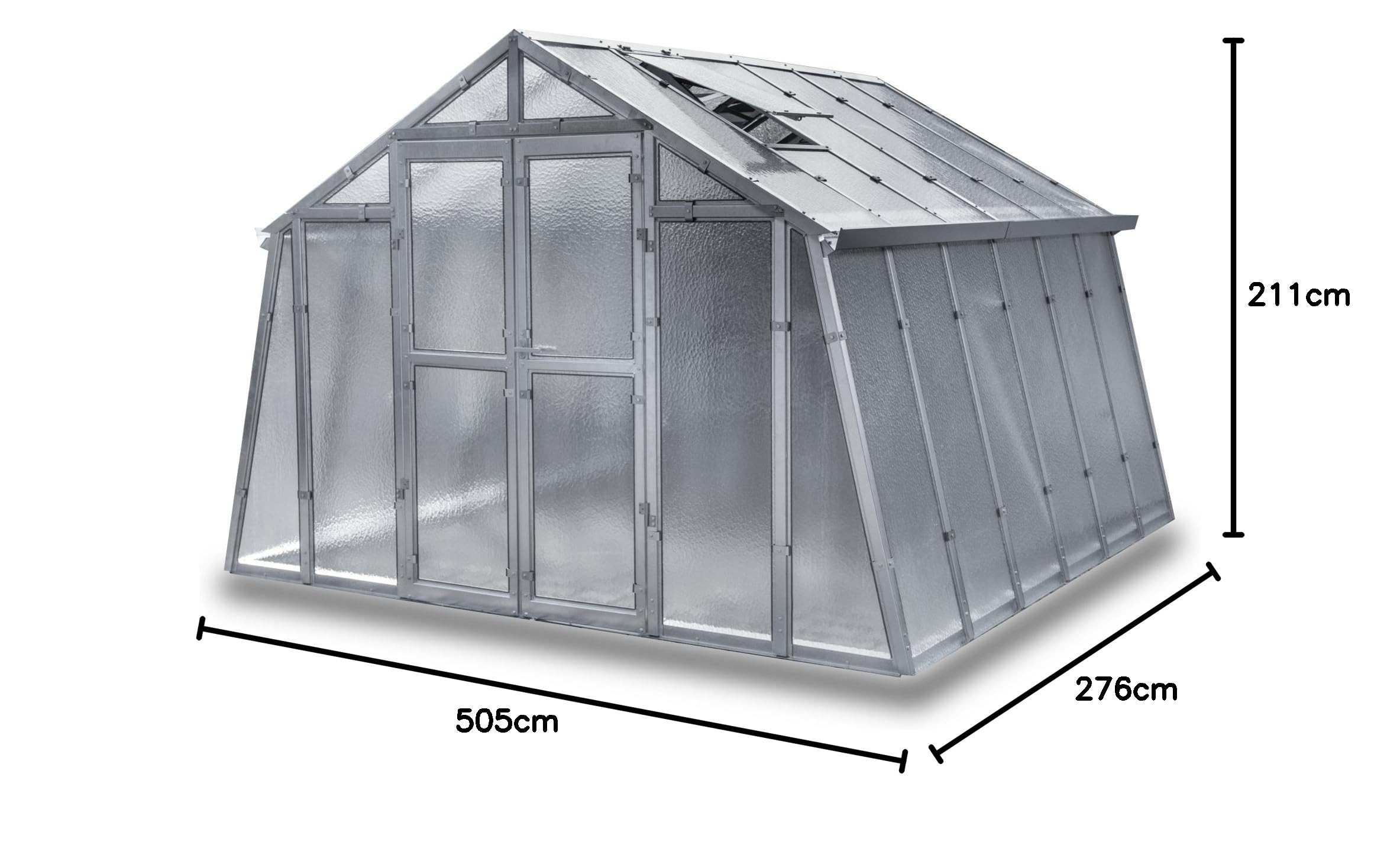 Gewächshaus Kärnten aus verzinkten Stahlblechprofilen und Nörpelglas, Breite 2,76 m x Länge 5,05 m = 13,90 m²