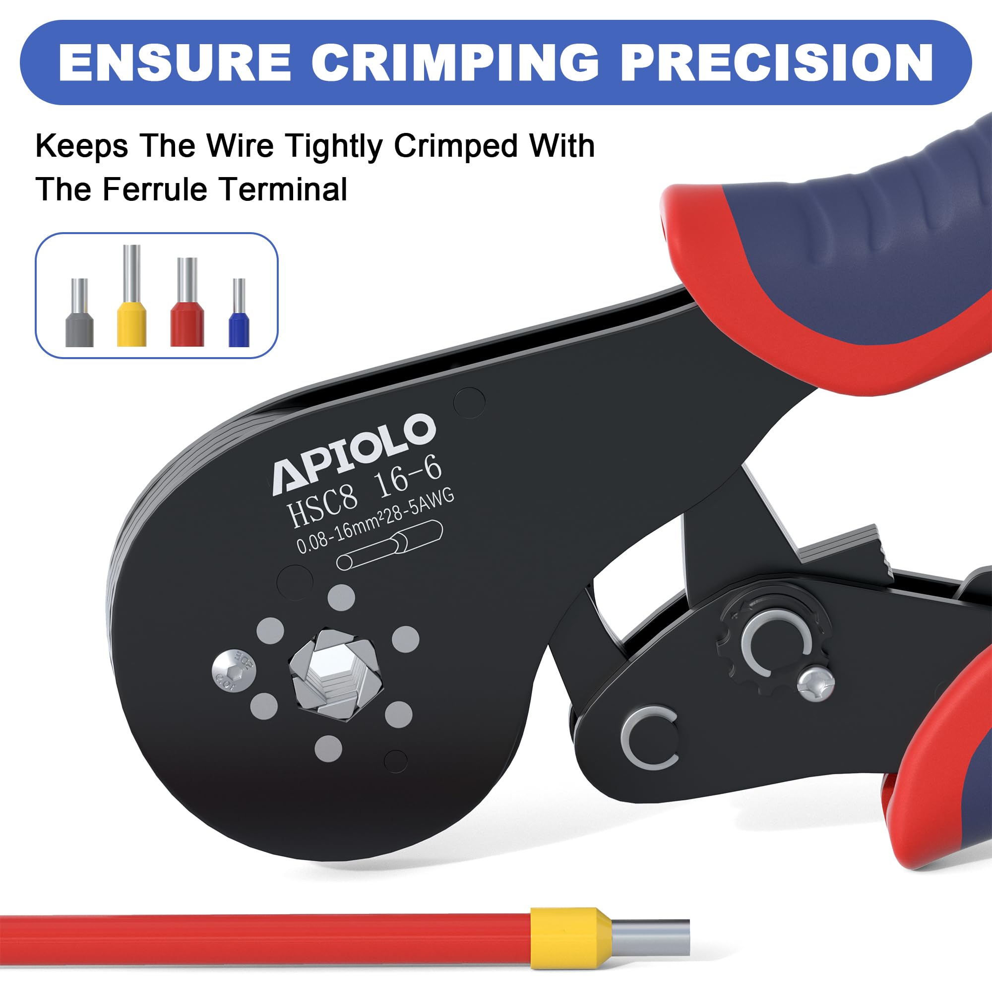 APIOLO Hexagonal Ferrule Crimping Tool(0.08-16mm²/AWG28-5), ratchet tubular terminal wire crimpers, 16-6 Ferrules Crimp Tool and Self-Adjustable Ratchat Wire Crimping Tools for Cables End-sleeves 4