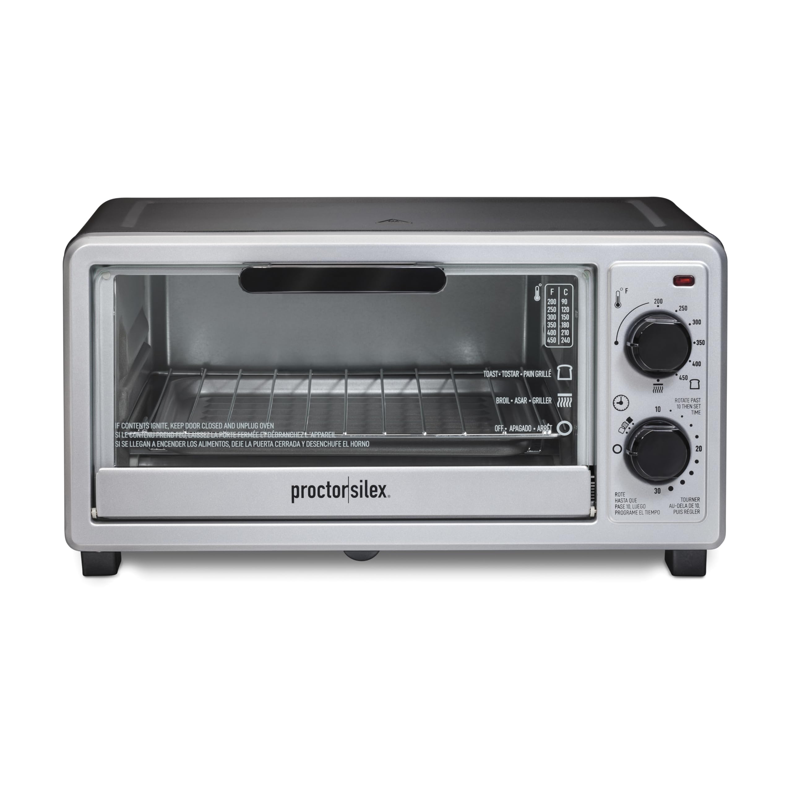 Proctor Silex 4 Slice Countertop Toaster Oven, Multi-Function with Bake, Toast and Broiler, 1100 Watts, 30 min timer and auto-shutoff, Includes Backing Pan and Rack, Black and Silver (31260)