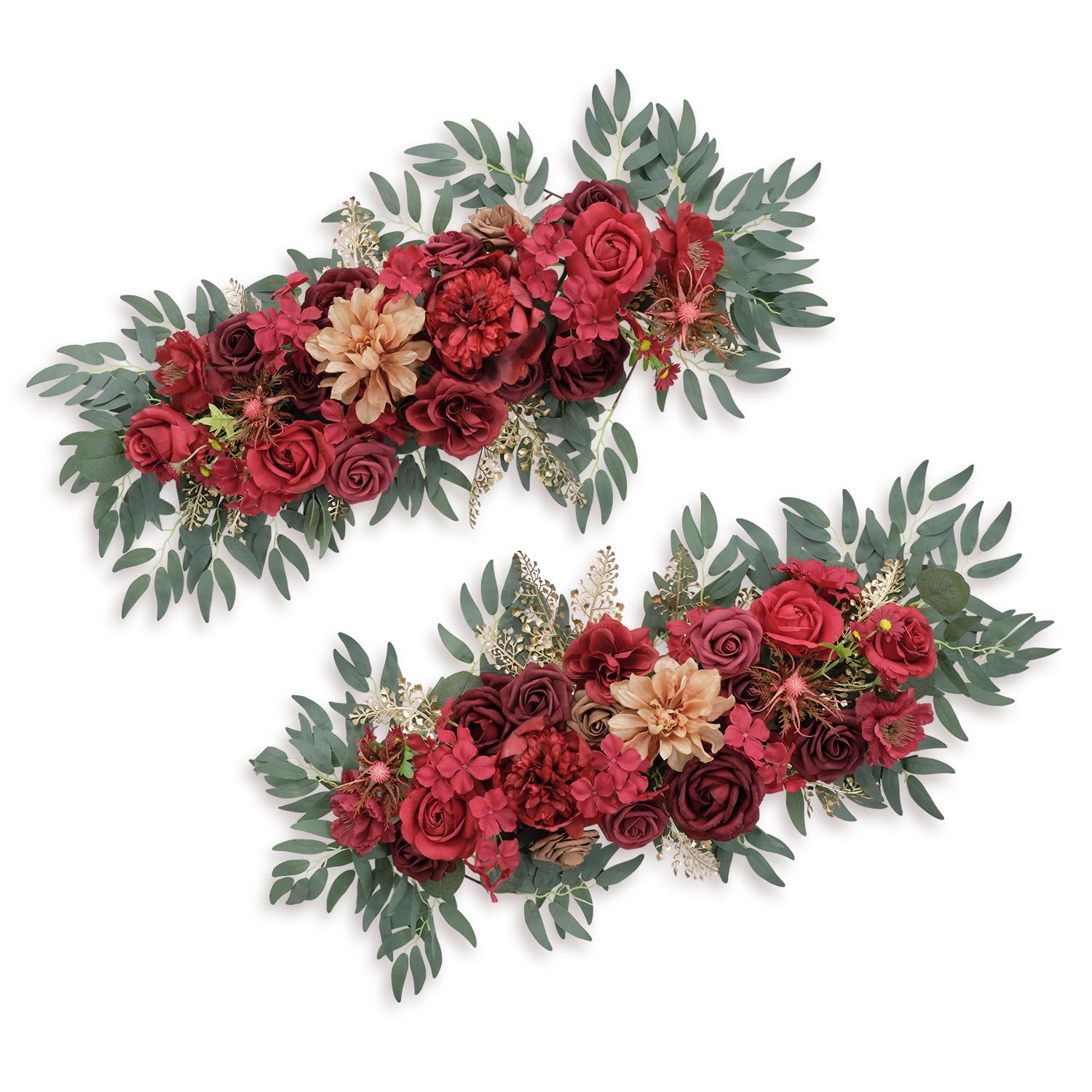 TINGE TIME Red Flower Garlands, 2 PCS Artificial Eucalyptus, Handcraft Artificial Rose for Arch, Wedding, Sweetheart Table, Ceremony, Backdrop Decorations for Home (Cinnamon Rose)