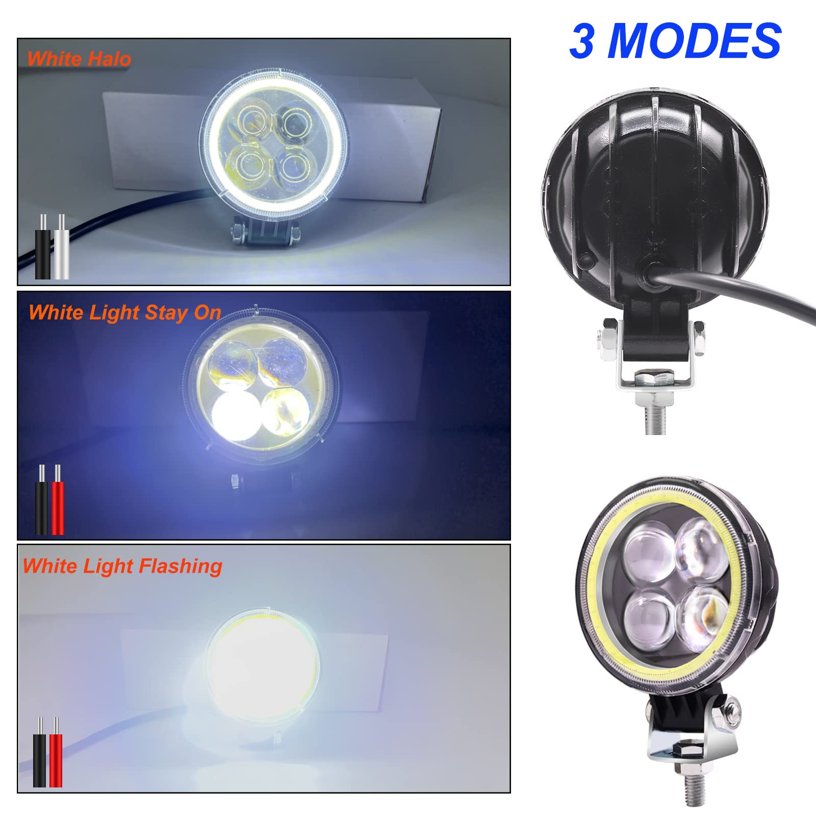 Biqing 1 Paire 12W Feux Additionnels Moto,Ronde 3Inch Phare LED Moto Avant 12V 24V Phares Supplémentaires pour Moto Feux de Jour de Moto DRL Avec Blanc Angel Eye