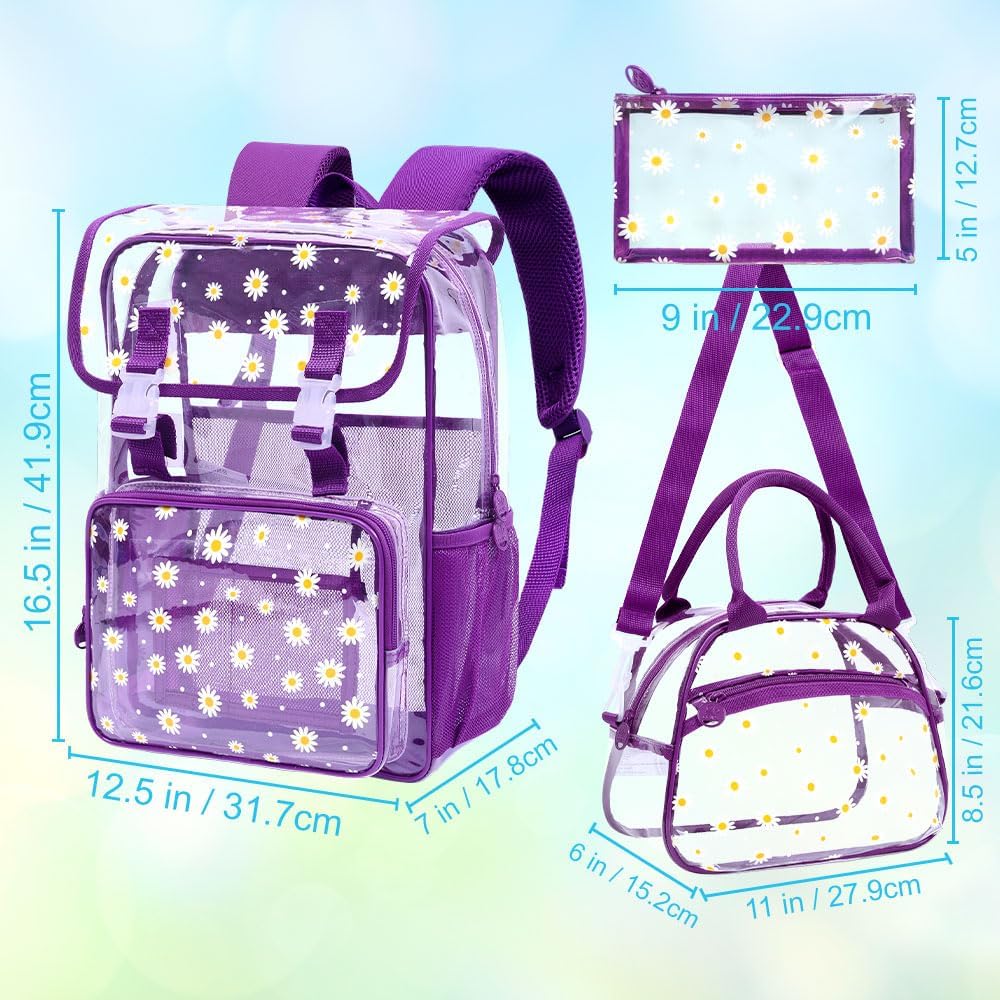 3Pcs Clear Backpack for School, Girls Kids Transparent Bookbag Set, 17" Daisy Stadium Approved See Through Backpack with Lunch Box (Deep Purple)