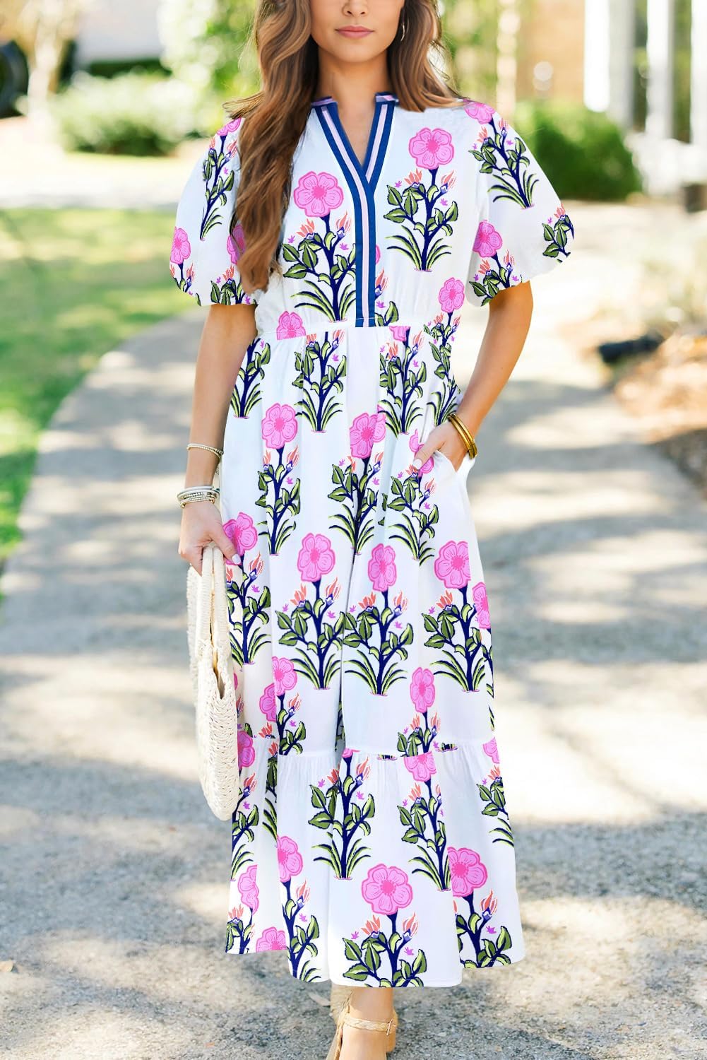 Wolddress Womens Summer Dresses 2026 Casual Puff Short Sleeve V Neck High Waist Flowy Long Maxi Dress - Image 5