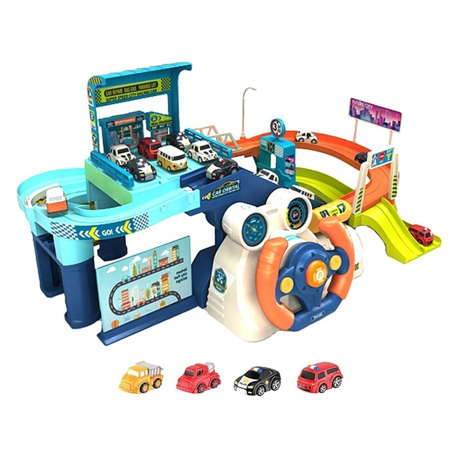 Car Racing Track for Kids, Electric Steering Wheel & Manual Railway Toy with 4 Cars, Multi-Level Tracks, Elevator Transit Car Racing Adventure Game Toy for Boys and Girls-image-0