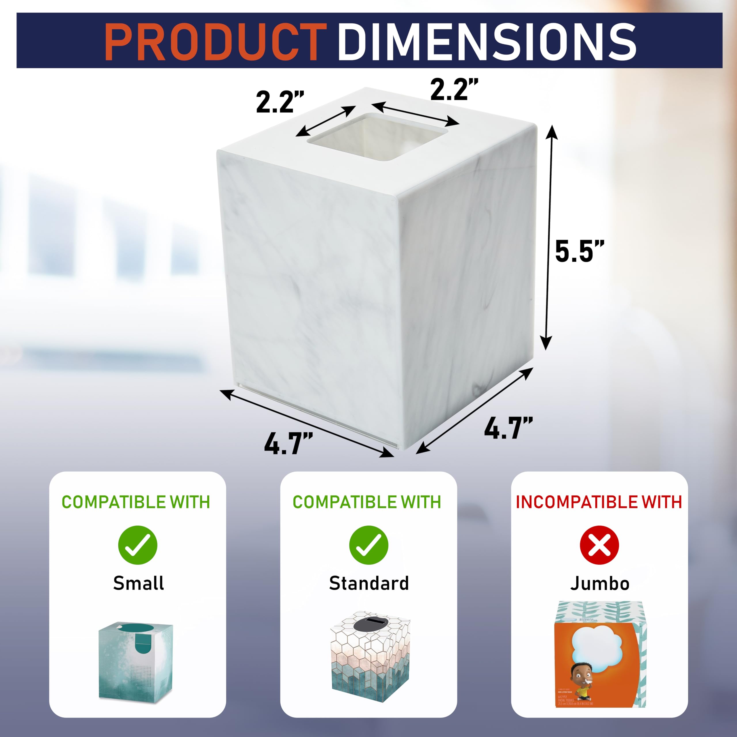 Acrylic Tissue Box Holder, Square Dispenser for Facial Tissues, Napkins, and Dryer Sheets. Perfect for Bathrooms, Desks, Countertops, Vanities, Bedrooms, and Nightstands (Square, Marble)