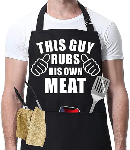 Kitchen Cooking Chef Aprons for Men - 3 Pockets Black Naughty Cute BBQ Grilling Camping Apron for Adult, Funny Barber Stuff Birthday Gifts for Dad