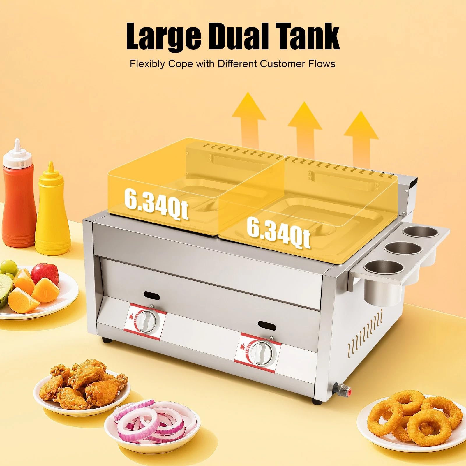 Friteuse à Gaz Commerciale, Double Réservoir 6L, En Acier Inoxydable, Avec 2 Paniers à Friture Et Couvercle, Température Réglable 50-380°C, Pour Restaurants, Bars à Emporter, Cuisine à Domicile