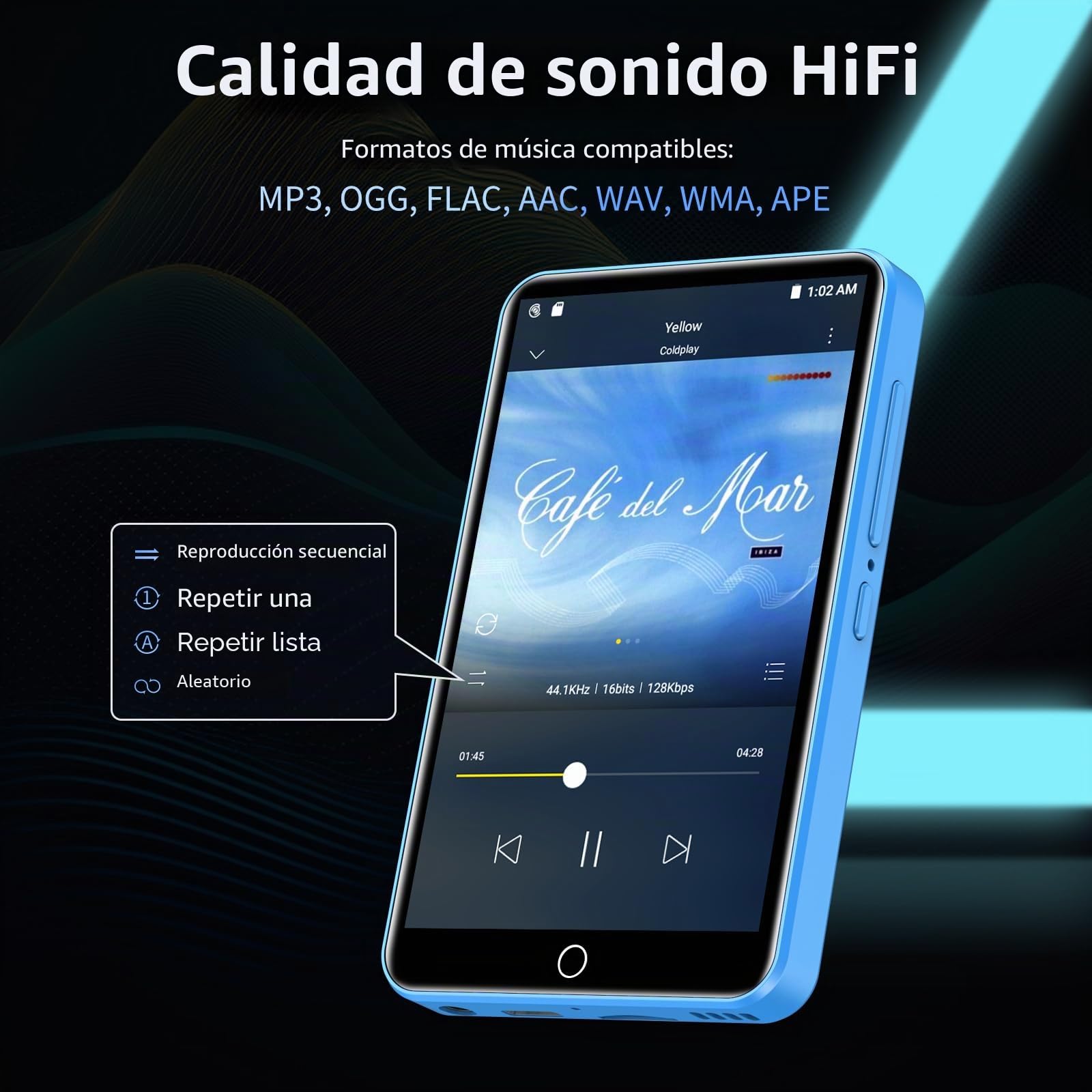 Reproductor MP3 con Spotify, ZAQE 80 GB MP3 Player con Bluetooth y WiFi, Reproductor MP3 con música de Amazon, Audible, Deezer, Pantalla táctil de 4 Pulgadas, Reproductor MP4 para niños (Azul)