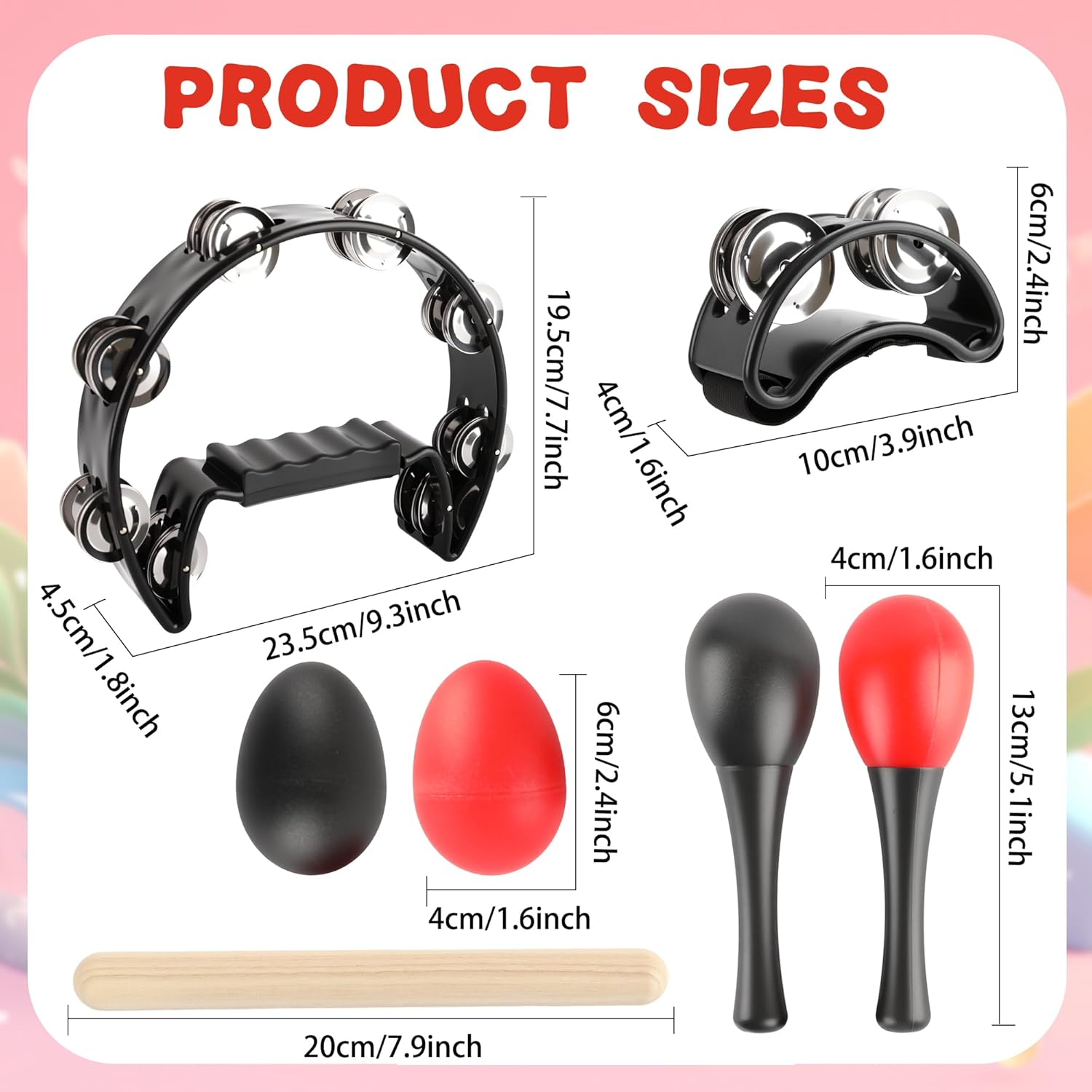 16 Pcs Tambourines for Adults Half Moon Tambourine HandHeld with Foot Tambourine Wood Rhythm Sticks and Egg Shakers Maracas Double Row Jingles Hand Percussion Instrument Set for Party