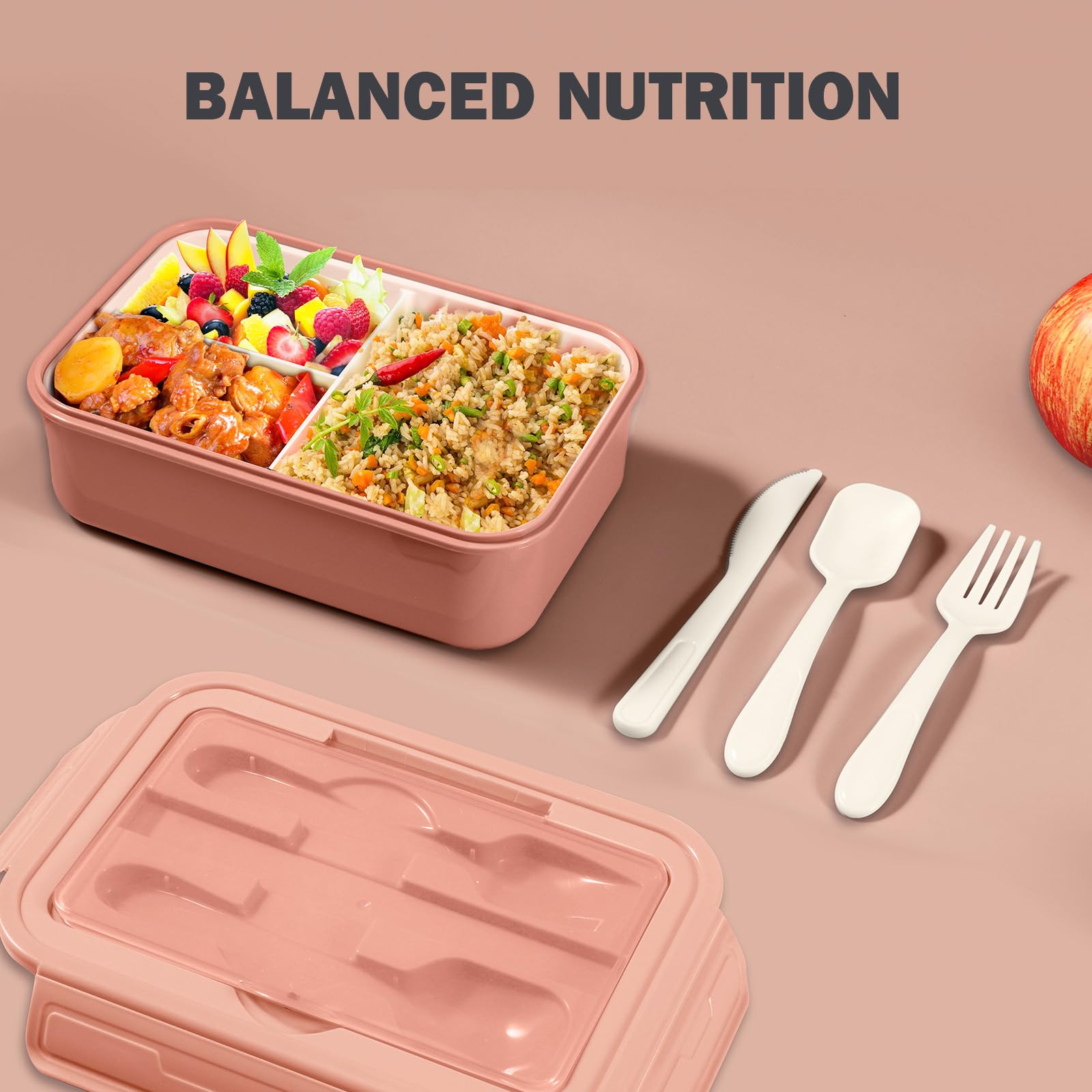Diboniur Pojemnik na lunch, pudełko na lunch ze sztućcami, 1400 ml, pudełko bento z 3 przegródkami, pojemnik na lunch, biuro, kuchenka mikrofalowa, kolor różowy