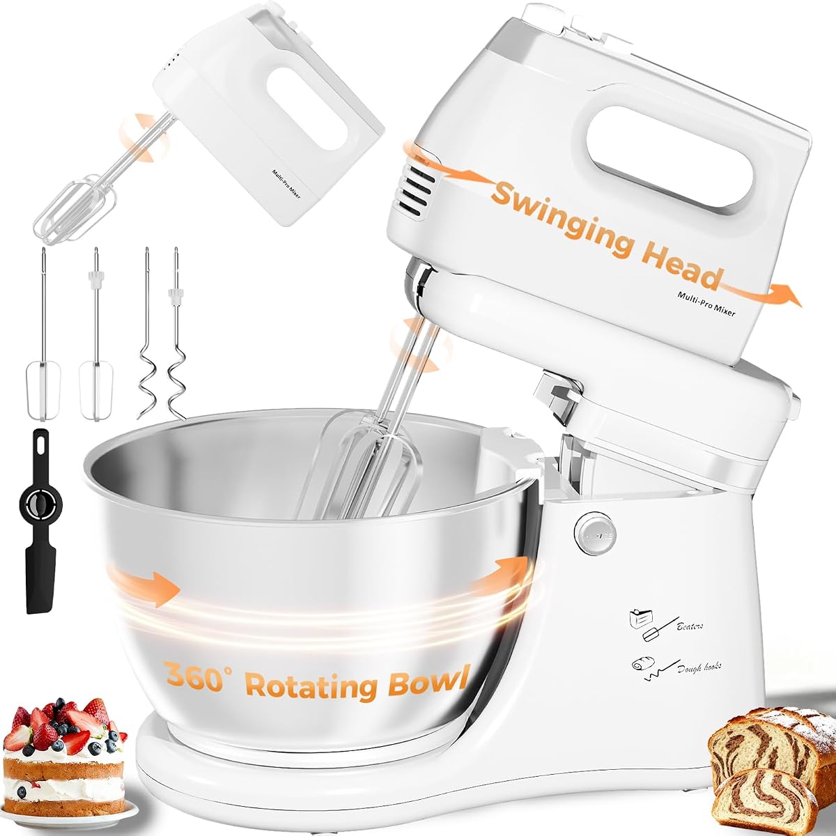 4.8QT 2-in-1 Stand Mixer, Electric Kitchen Mixer with Auto-Rotating Bowl & Tilt-Head, 5-Speed 250W Turbo Baking Machine for Beginners with Beater & Dough Hook for Cookie, Bread, Cake (White)
