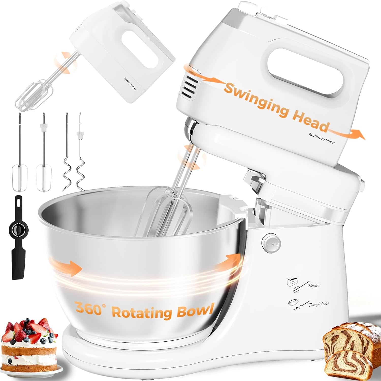 Stand Mixer Hand Mixer Kitchen Electric - 2-IN-1 4.8 QT Auto-Rotating Bowl & Beater Tilt-Head Standing Mixer, 250 Watt 5-Speed with Turbo Boost Household Mixer with Beaters & Dough Hooks for Baking