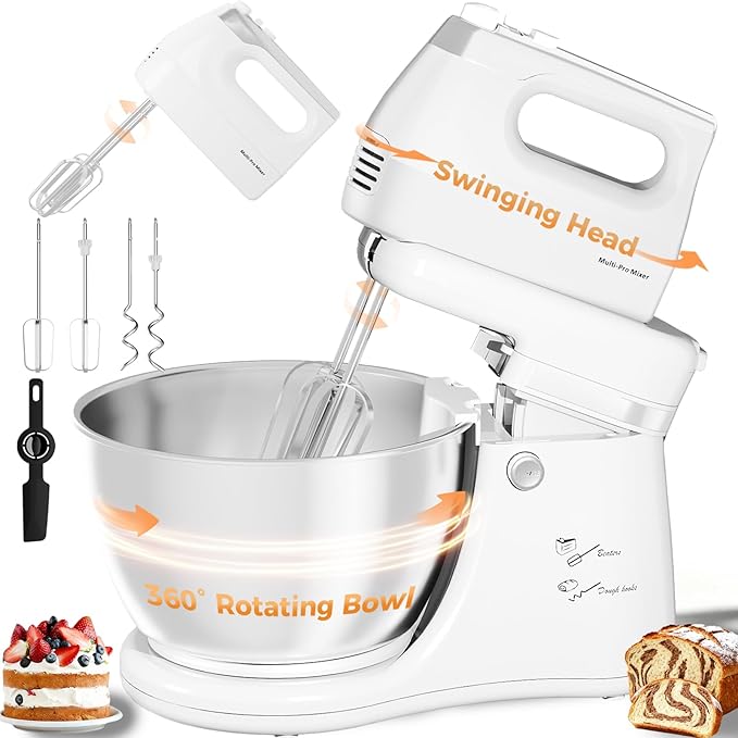 Stand Mixer Electric Kitchen Mixer, 4.8 QT Auto-Rotating Bowl & Beater Tilt-Head 2-IN-1 Standing Hand Mixer, 250 Watt 5-Speed with Turbo Boost Household Mixer with Beaters & Dough Hooks for Baking