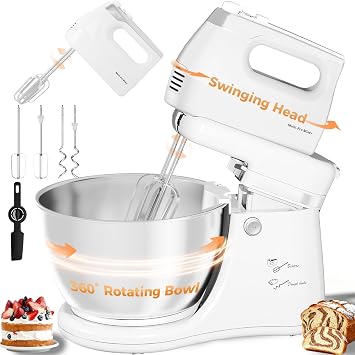 4.8QT 2-in-1 Stand Mixer, Electric Kitchen Mixer with Auto-Rotating Bowl & Tilt-Head, 5-Speed 250W Turbo Baking Machine for Beginners with Beater & Dough Hook for Cookie, Bread, Cake White