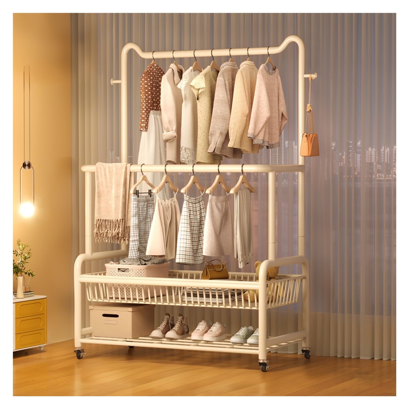 Lshtshf-ou Double Rods Heavy Duty Clothes Rack Clothing Racks With Wheels Metal Freestanding Garment Portable Wardrobe Closet(White,120cm/47.2in)