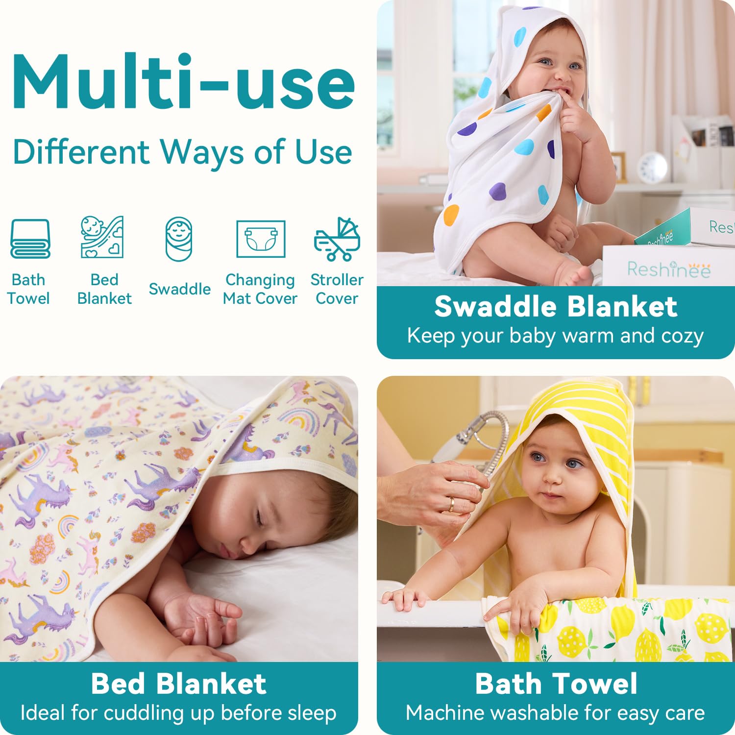 babee Reshinee Paquete de 2 toallas con capucha para bebé, toallas de baño de viscosa de bambú suaves para recién nacidos, regalos de baby shower, esenciales de baño para niñas pequeñas (unicornio, 29