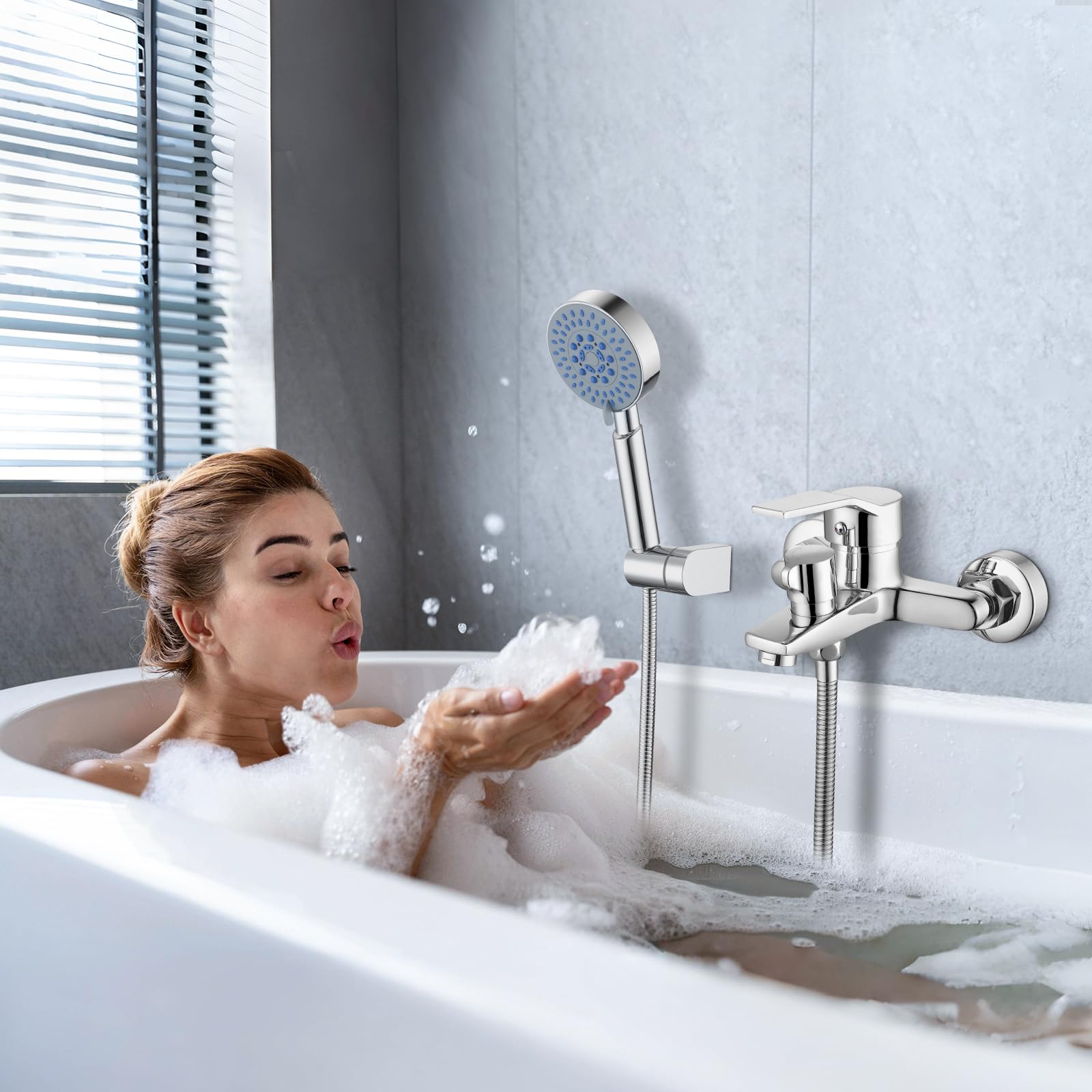 Set Rubinetti Bagno Rubinetto Vasca Da Bagno A 5 Fori SHZICMY - Cromato, Con Doccetta Estraibile Miscelatore 5 Fori Vasca - Foto 6