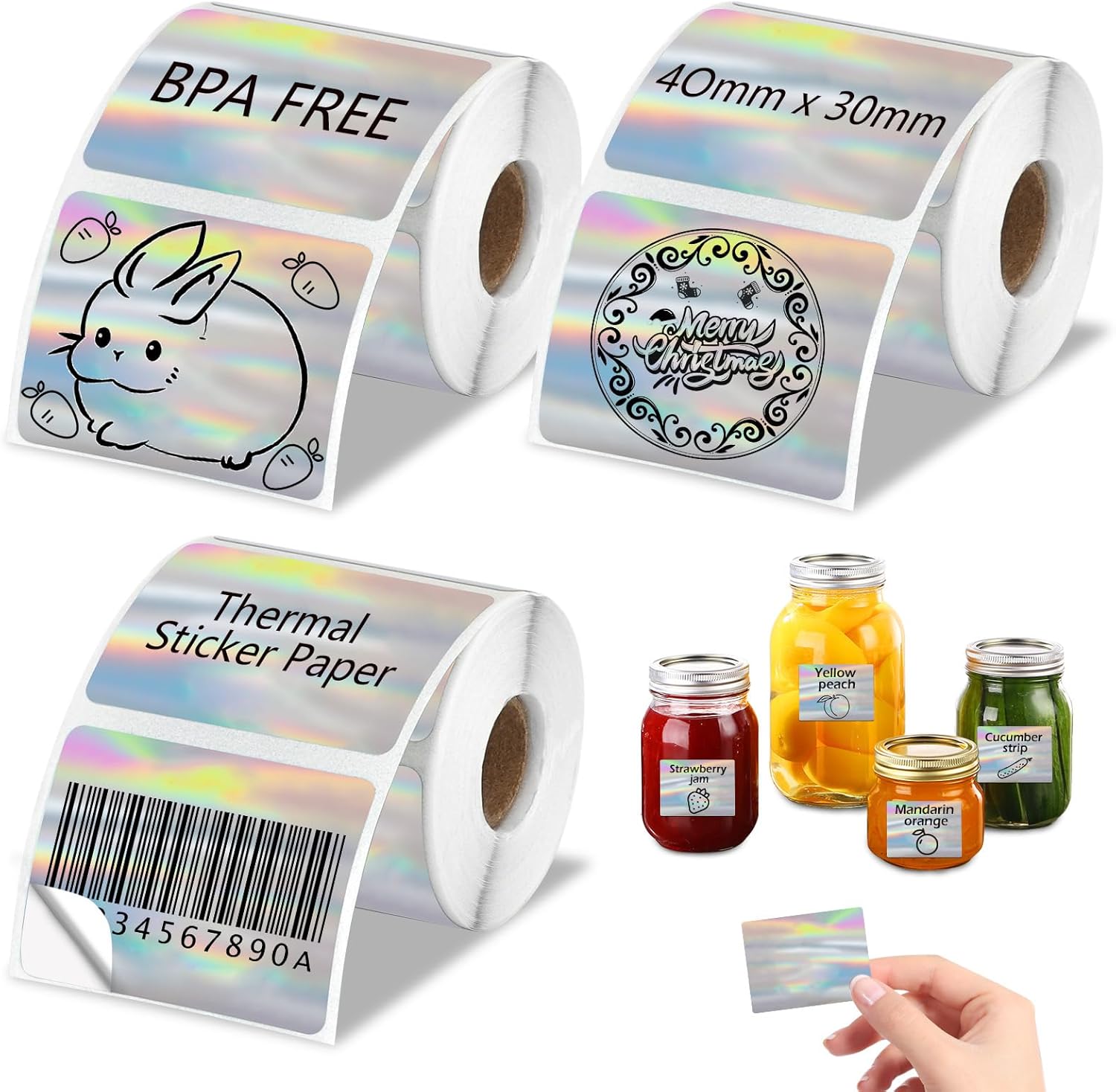 3 Rolls Holographic Thermal Labels 40 * 30mm Square Sliver Custom Sticker for Phomemo M110/M220/M120/M221/241BT Label Maker Printer Waterproof Label Paper for Name,Logo,Barcode,Price