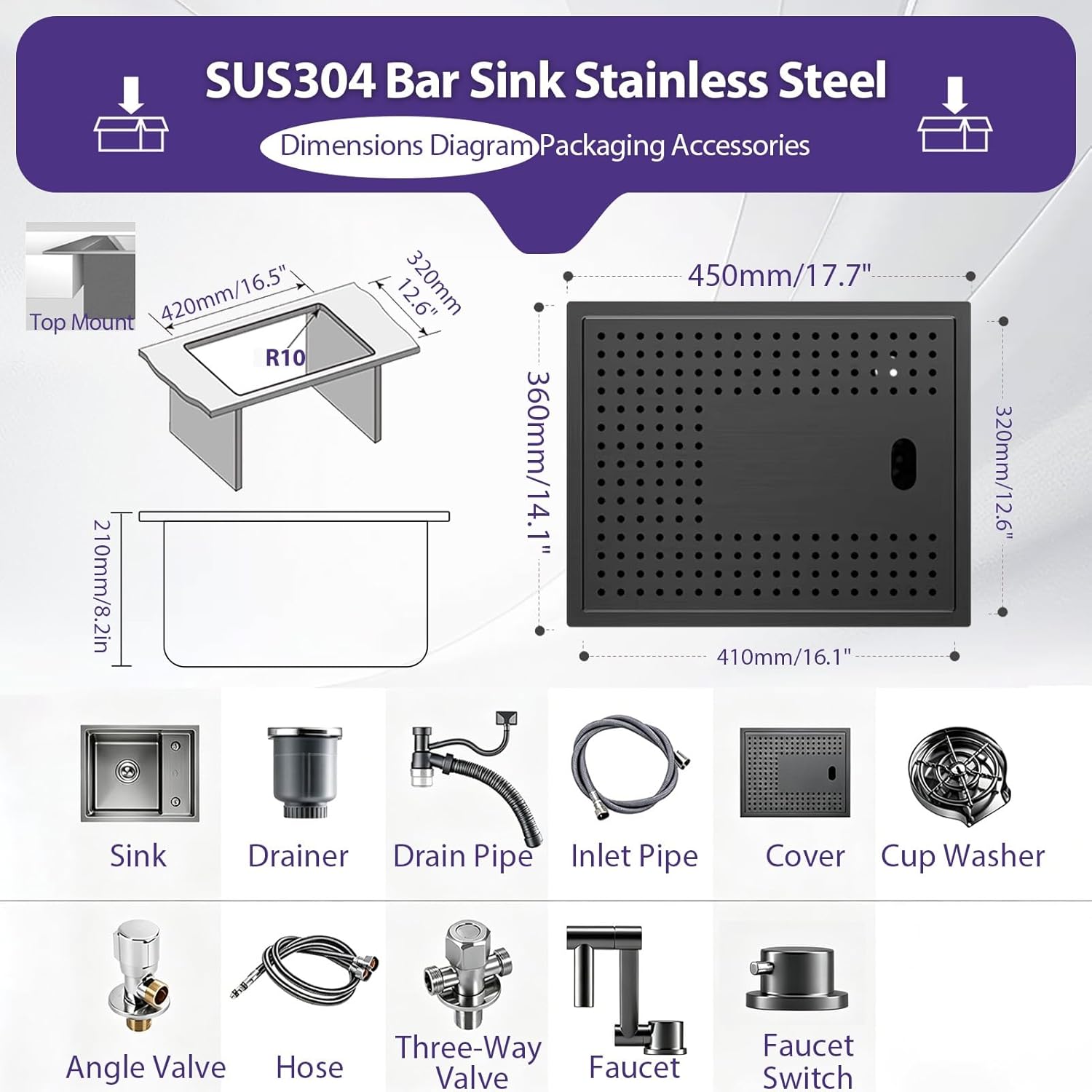 Drop-in Kitchen Sink With Foldable Drainboard Cover, 16 Gauge Stainless Steel Workstation Sink, Built-in Faucet Hole, Multi-Function Prep Sink For Bar, RV(Black-Gray#2,45x36cm)