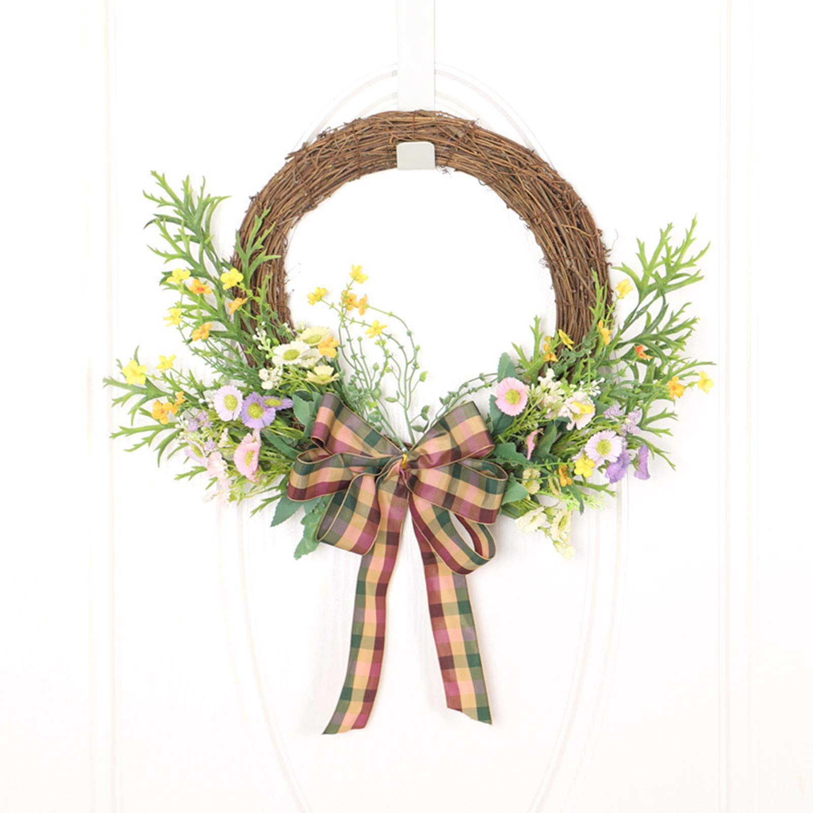 Türkranz LIU- Frühling Sommer Kleine Sonnenblume Geweih Blatt Kranz Mit Plaid Bowknot Handgemachte Front, Home Bauernhaus Garten Dekor