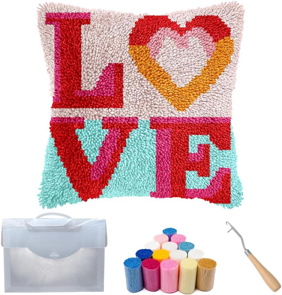 Cozykeke Love Latch Hook Kit,DIY Pillow Cover Cushion Craft Kits with Pre-Printed Canvas for Adults and Beginners, Suitable for Home Decor and Festival Gift 17 * 17in (BX861)