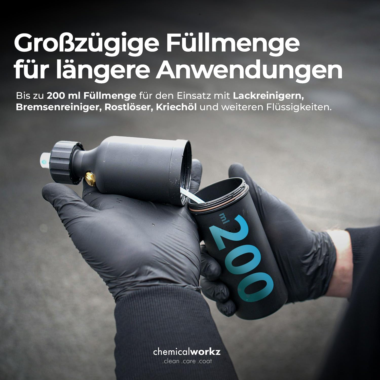 chemicalworkz Druckluft Sprühflasche 200 ml | Refill Pressure Sprayer mit 8 bar, Sicherheitsventil und 2 Düsen für Sprühnebel & Punktstrahl | Wiederbefüllbares Drucksprühgerät für Auto & Werkstatt