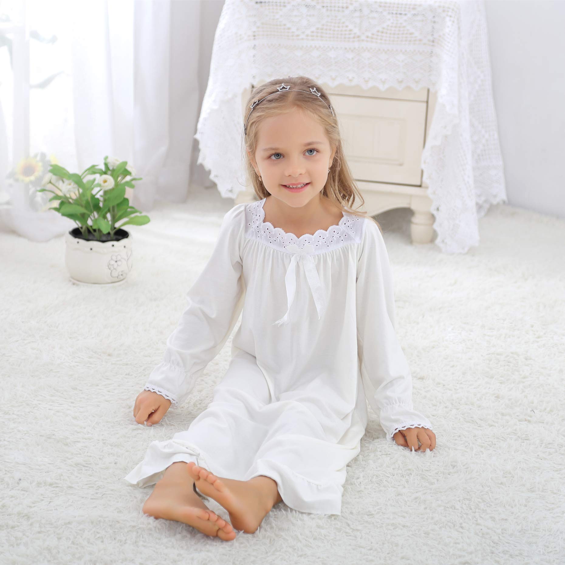 Chemise de Nuit Pyjama pour Fille 3-13ans Robe de Nuit à Manches Longues en Dentelle en Coton pour Enfant
