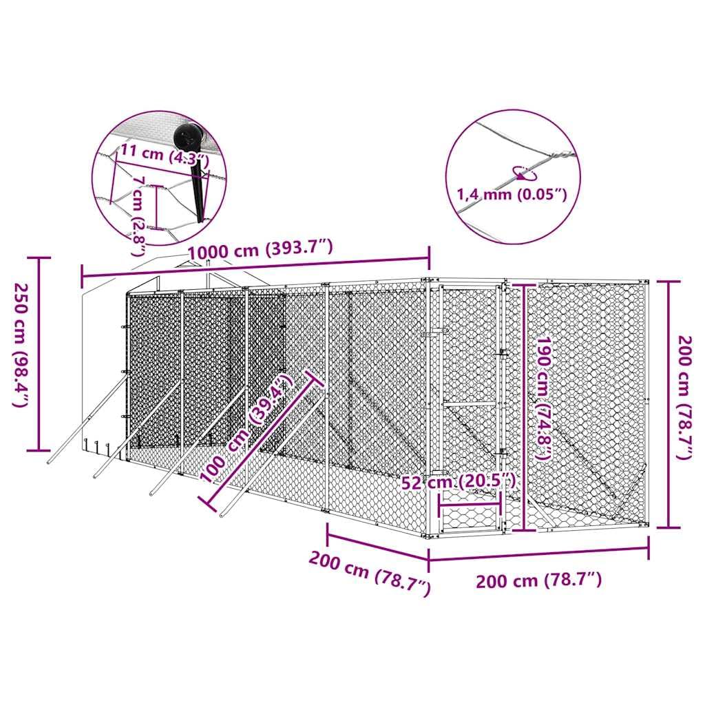 Perrera para perros con techo plateado, acero galvanizado, 2 x 10 x 2,5 m, resistente a la intemperie, con puerta y protección, ideal como salida, recinto al aire libre, parque para perros y
