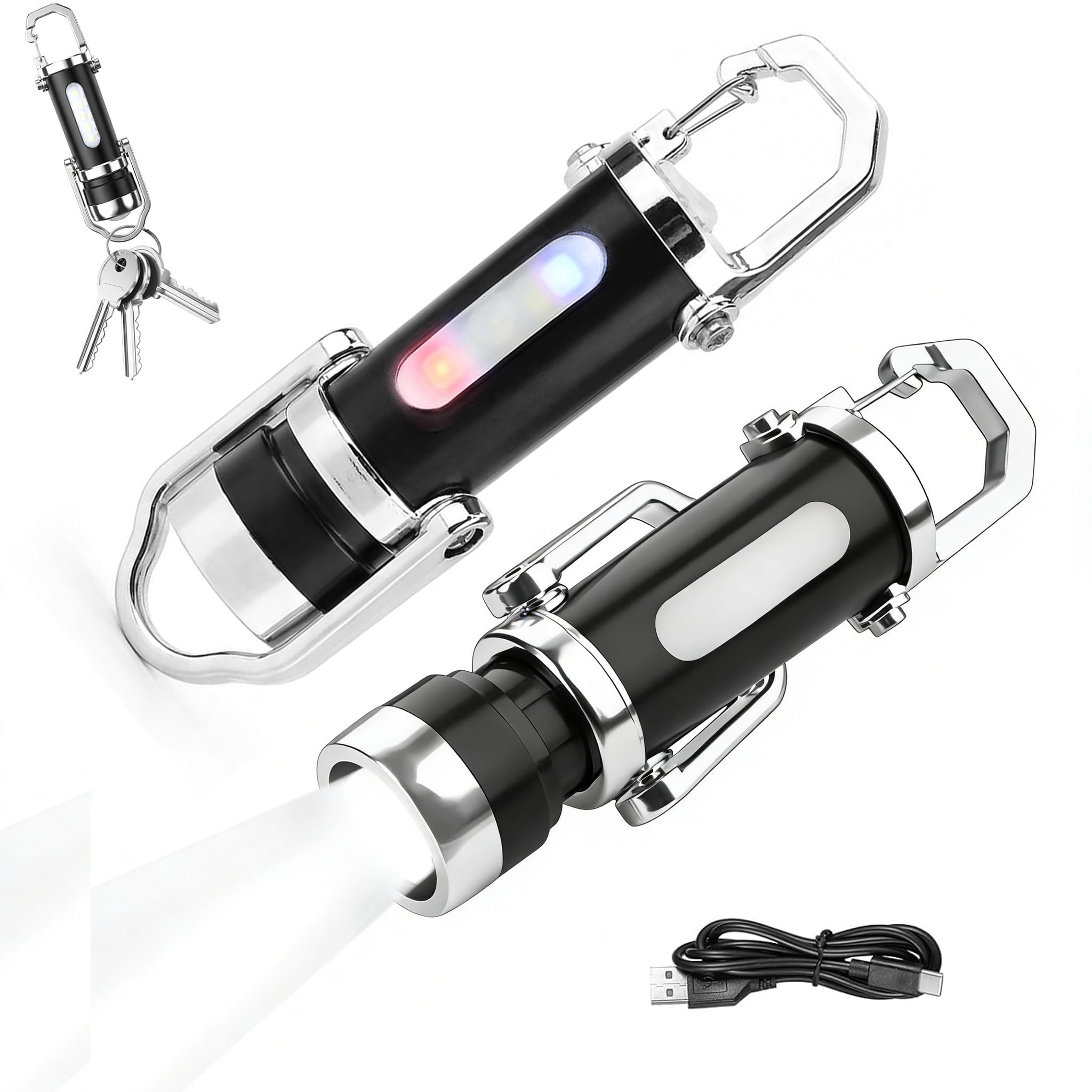 2 Pcs Super Bright Mini Keychain Flashlight - 1200LM Retractable Zoom LED Key Ring Torch, Waterproof Rechargeable Keychain Flashlight, Small Portable for Outdoor Activities, Hiking, Camping, Emergency