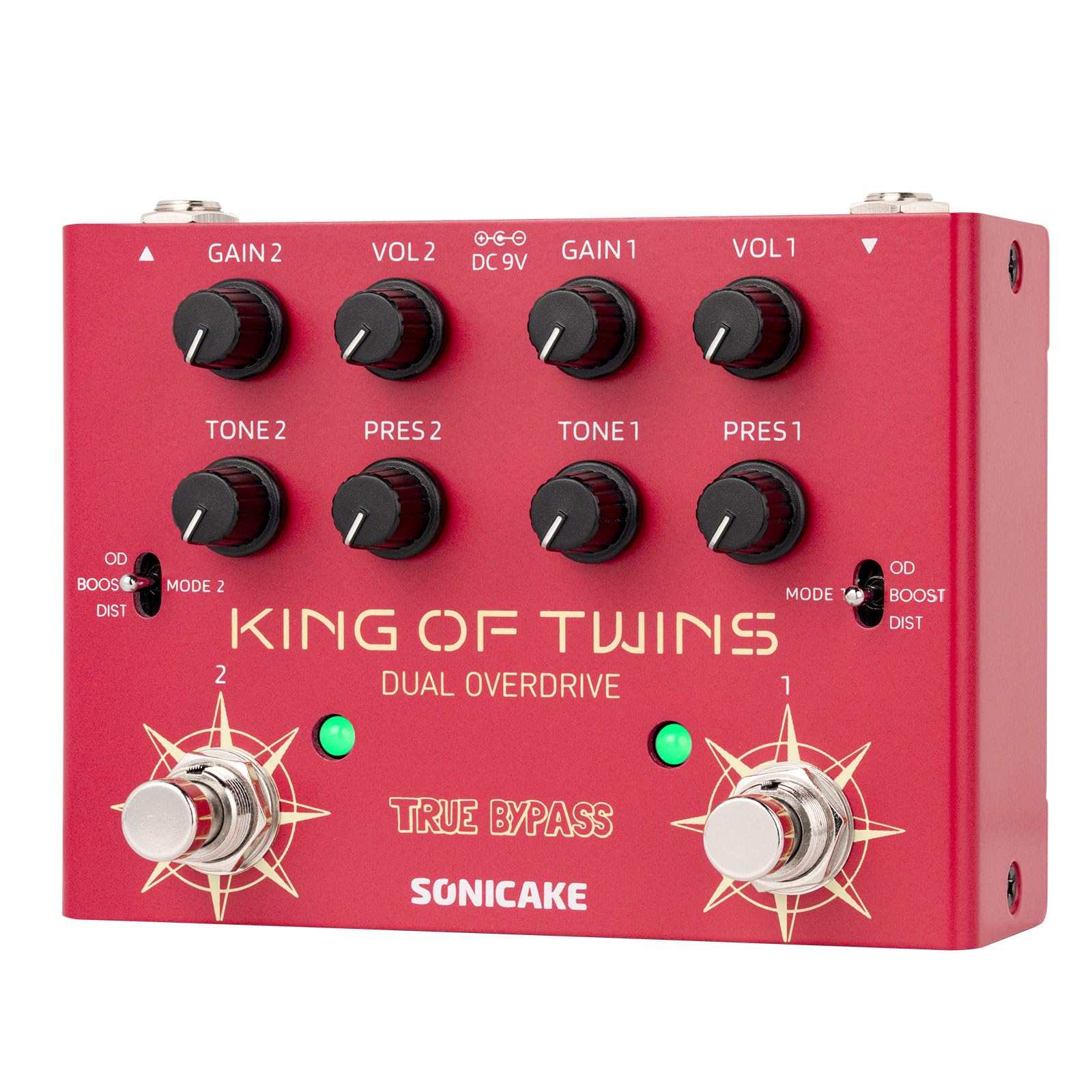 SONICAKE Pedale Overdrive Doppio Canale Overdrive/Boost/Distortion 3 Modalità Circuito Puro Analogico True Bypass 4 Manopole per Canale QDS-08