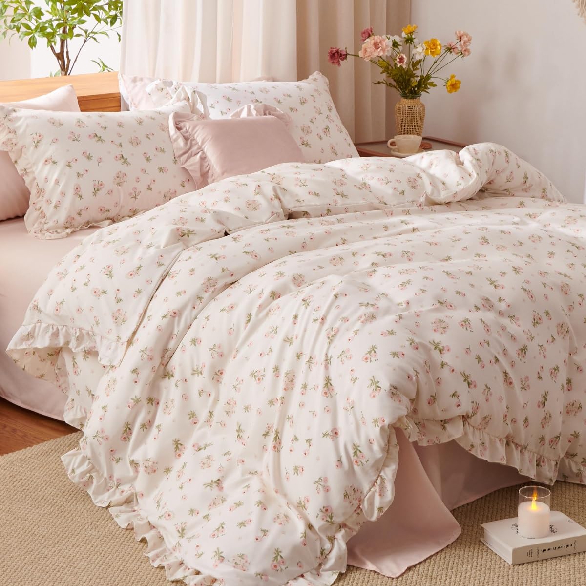 Lanqinglv Juego de ropa de cama con volantes 220x240 flores rosas, juego de ropa de cama reversible con hojas estéticas, ropa de cama ÖKO-TEX para alérgicos, funda nórdica romántica con cremallera y 2