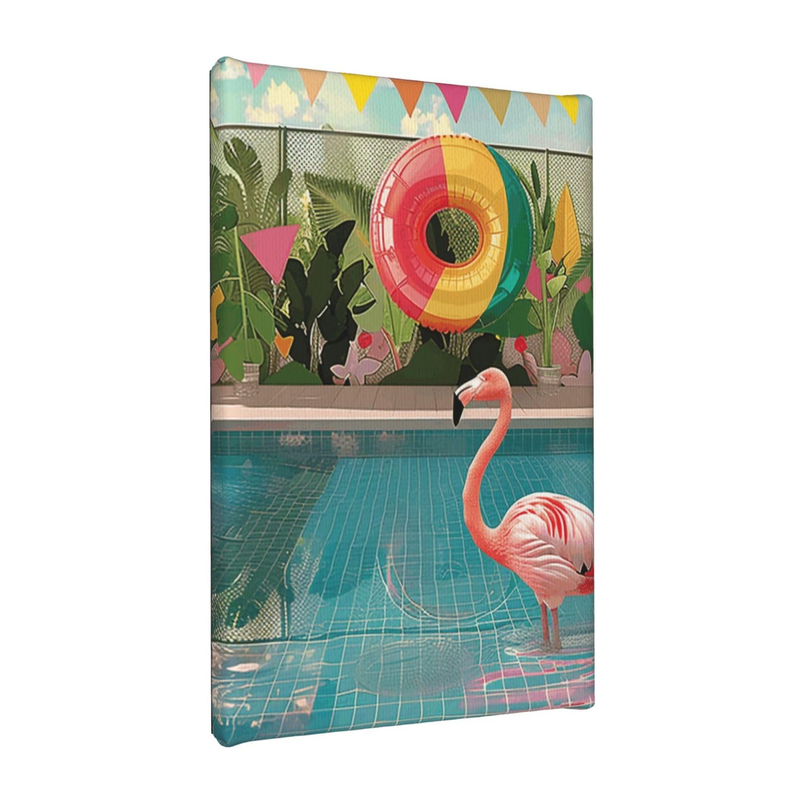 YKLJG Flamingo and swimming pool Printed Wall Art Canvas Painting 20x30 CM Wooden Framed Picture Painting Artwork Prints for Bedroom Kitchen Home Office Decor