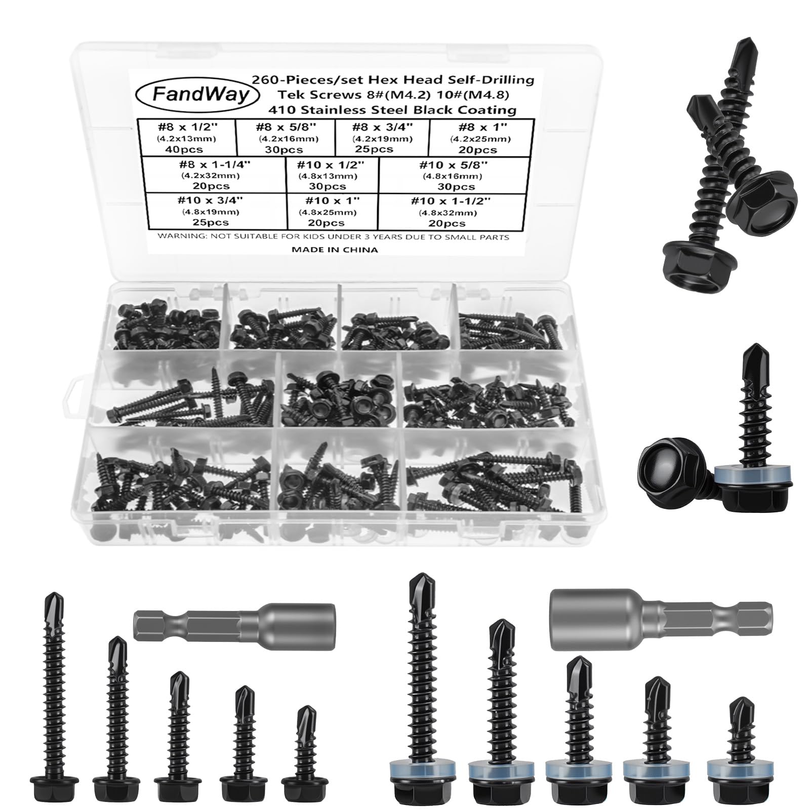 FandWay 260 Pcs Hex Head Self Drilling Screws for Metal,M4.2 M4.8 Hex Washer Self Tapping Sheet Metal Tek Screws,410 Stainless Steel Black Coating,Length 13mm to 50mm for Steel/Wood/Plastic